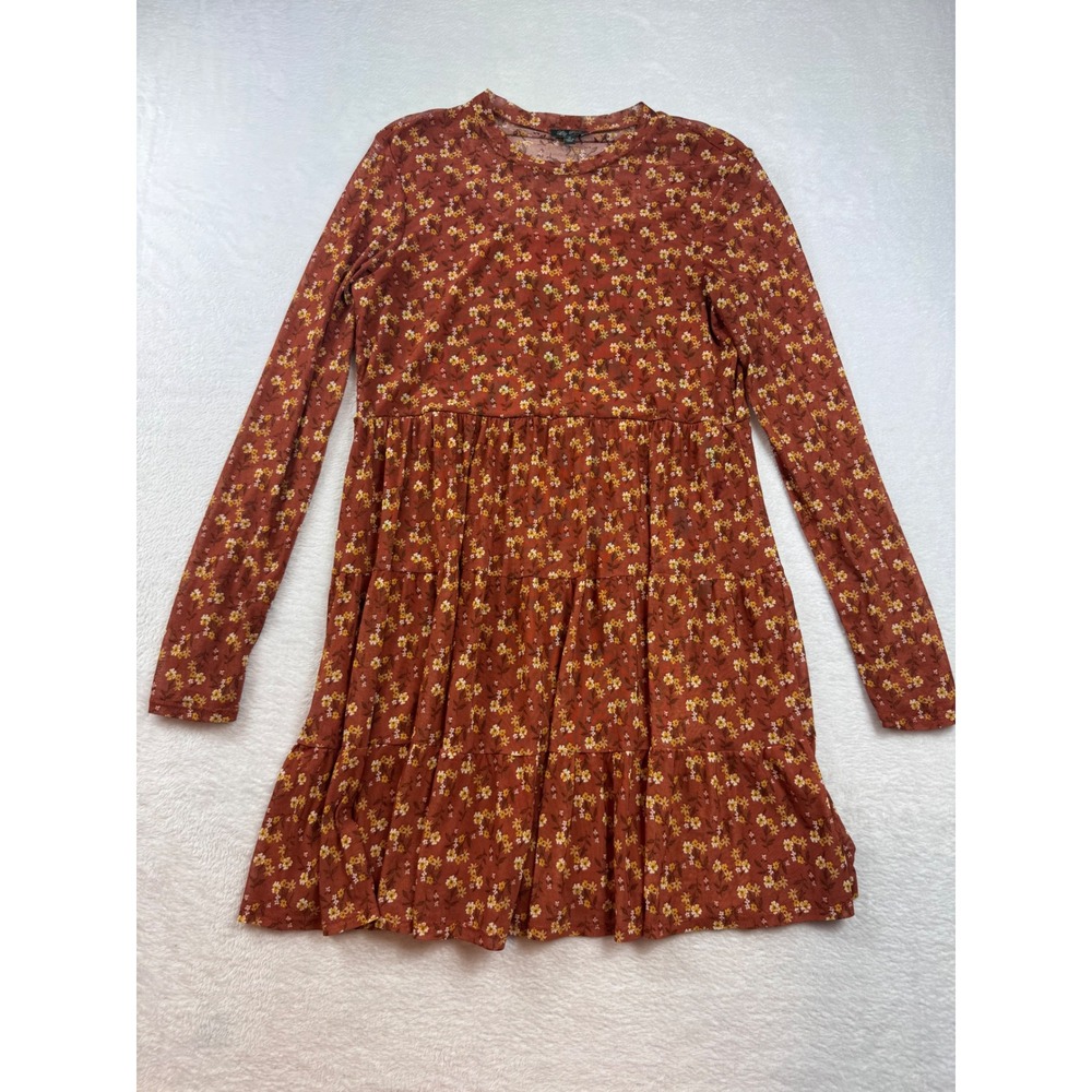 Lily Rose Rust Brown Floral Mesh Long Sleeve‎ Tiered Mini Babydoll Dress Medium